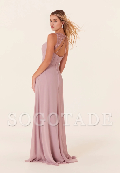 Chiffon sleeveless tight corset high neck lace up lock hole back bridesmaid dress