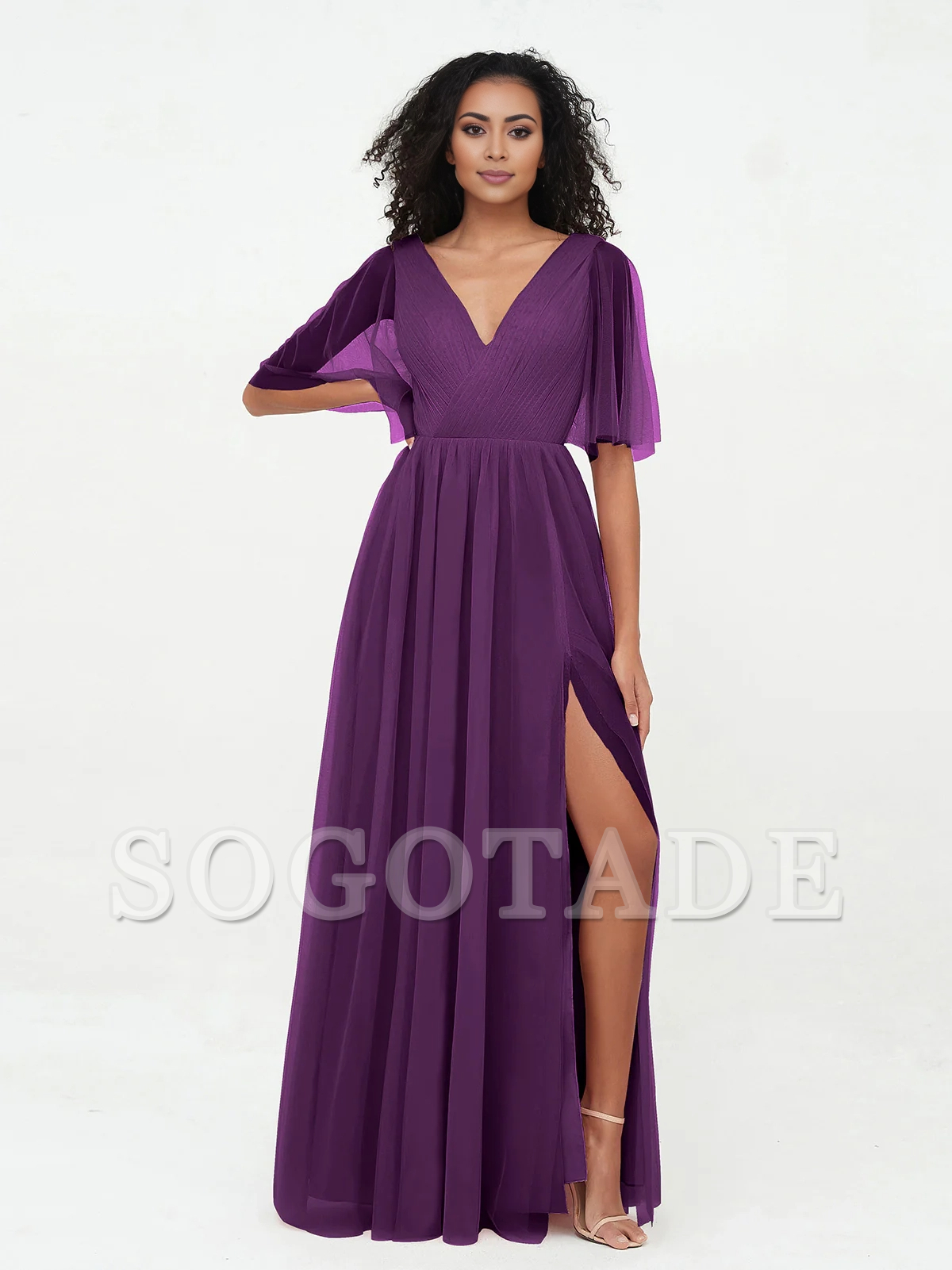 A-line V-neck chiffon Max deep V-back dress