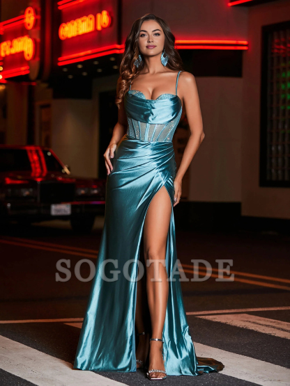 Tight corset mermaid satin and floor length Prom dress