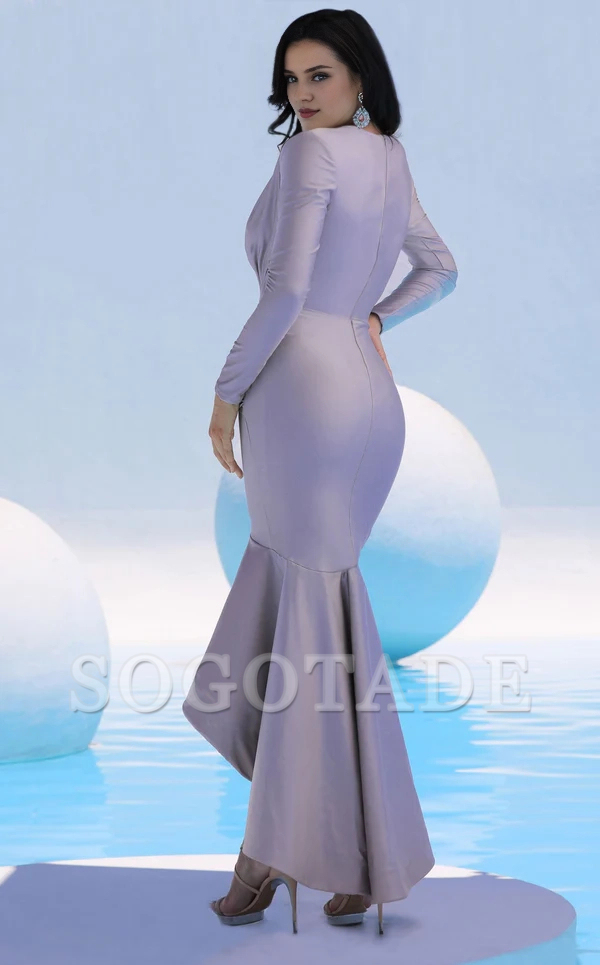 Mermaid V collar satin long sleeved and floor length Prom dress