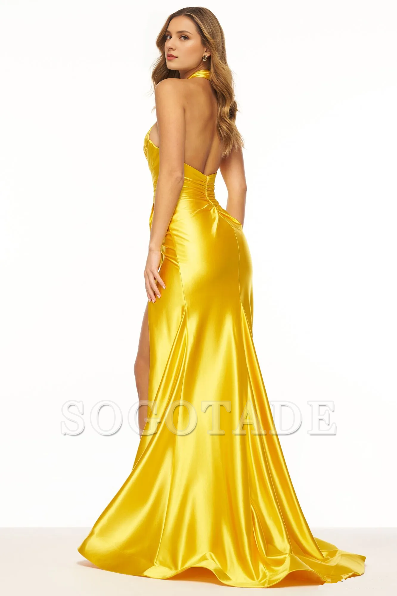Cross hanging neck collar satin backless and floor length Prom dress