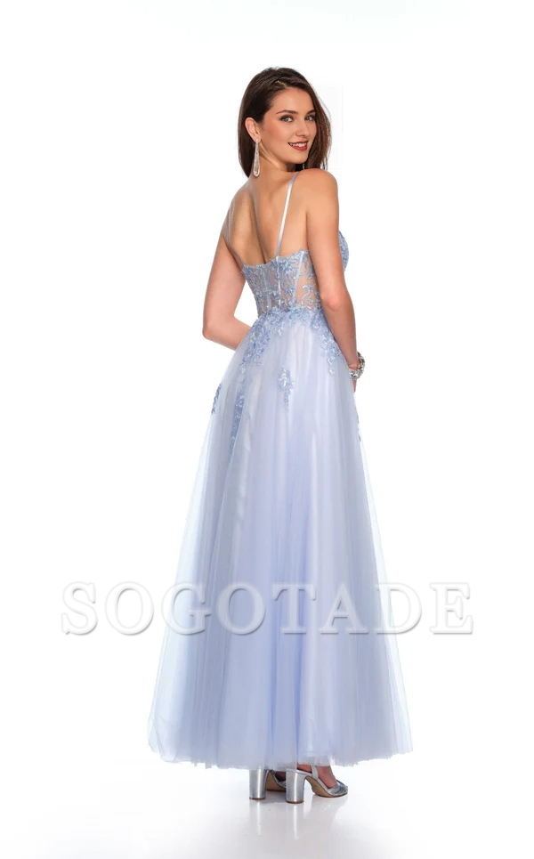 Thin shoulder strap V-neck lace applique sleeveless side slit and floor length Prom dress