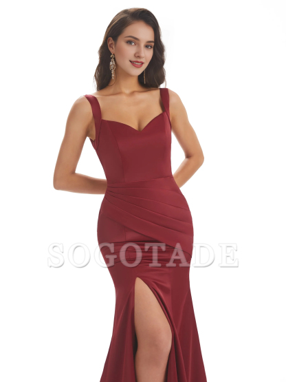 Sexy and soft satin side slit shoulder strap square and floor length fishtail bridesmaid dress
