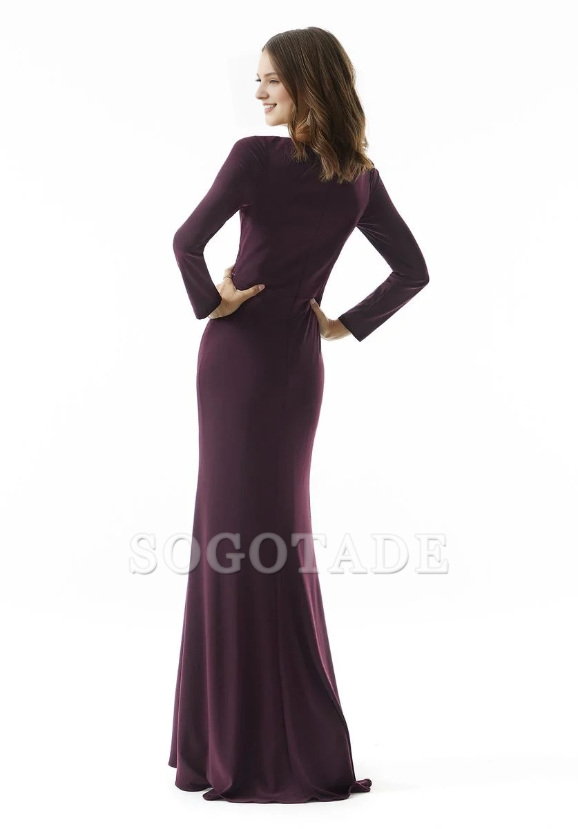 V-neck long sleeved side slits and floor length mothers of the bride dresses