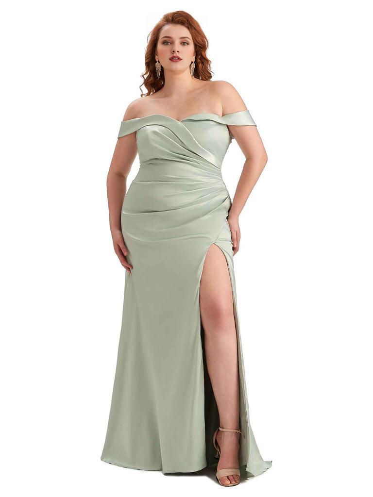 Sexy Side Slit Off Shoulder Mermaid Soft Satin Long Plus Size Bridesmaid Gowns For Wedding
