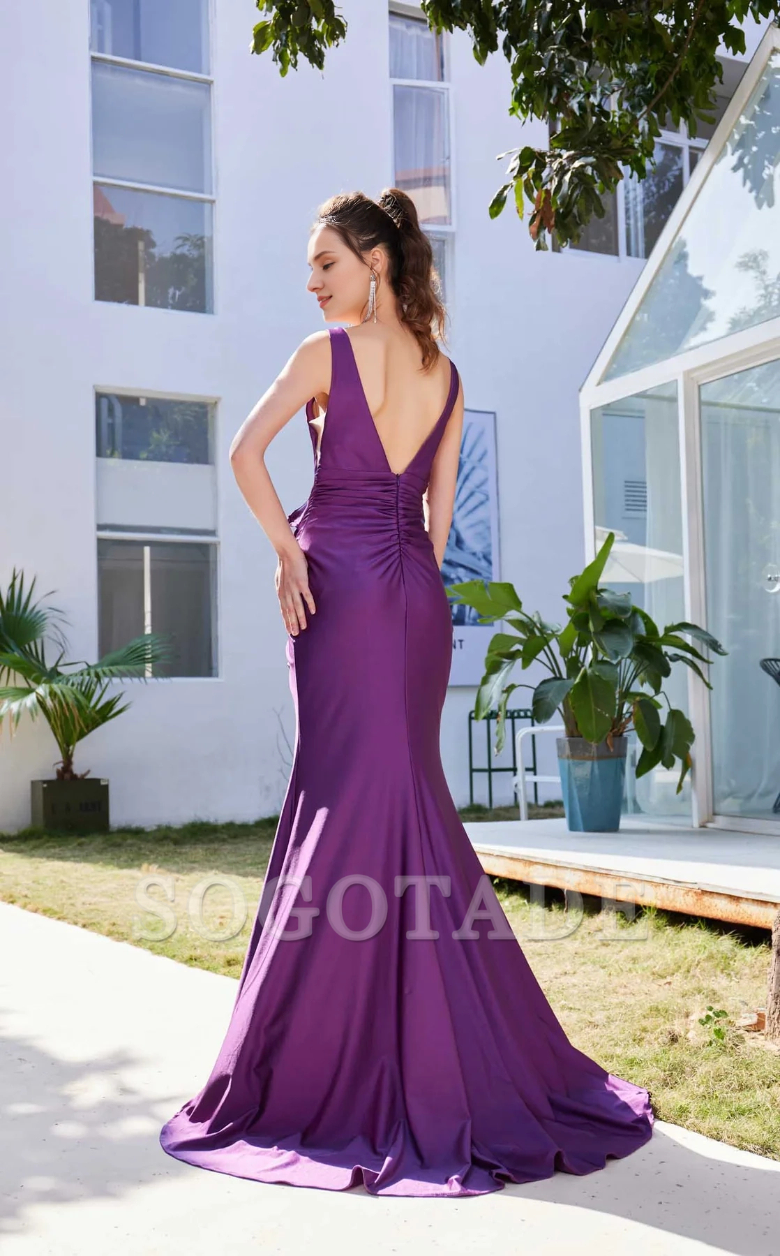V-neck ruffle edge pleated waist slit and floor length Prom dress
