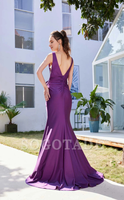 V-neck ruffle edge pleated waist slit and floor length Prom dress