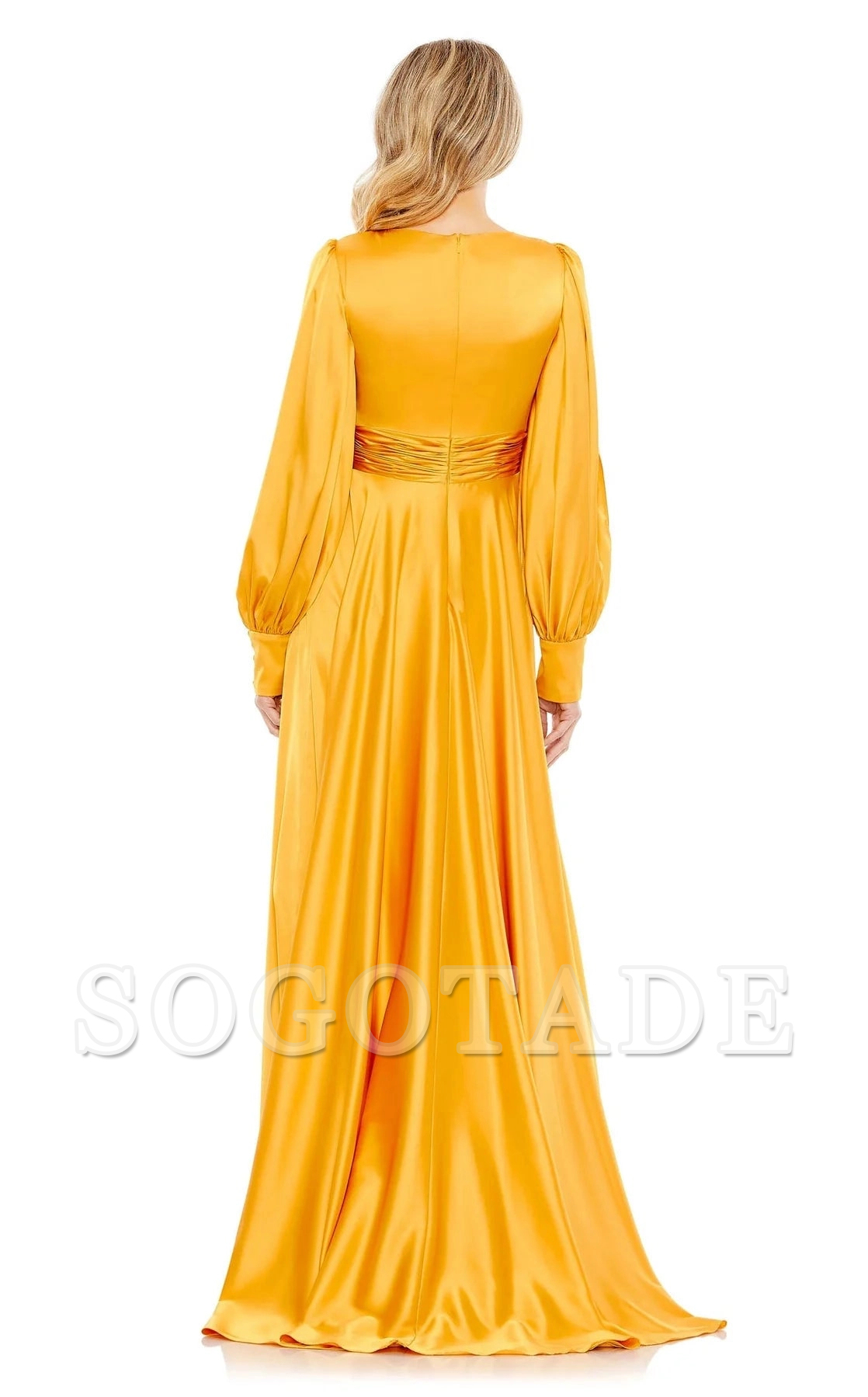 A-line V-neck satin long sleeved back zipper and floor length Prom dress