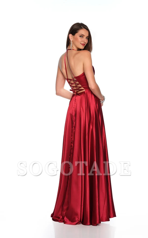 Deep V-neck satin sleeveless side slit and floor length Prom dress