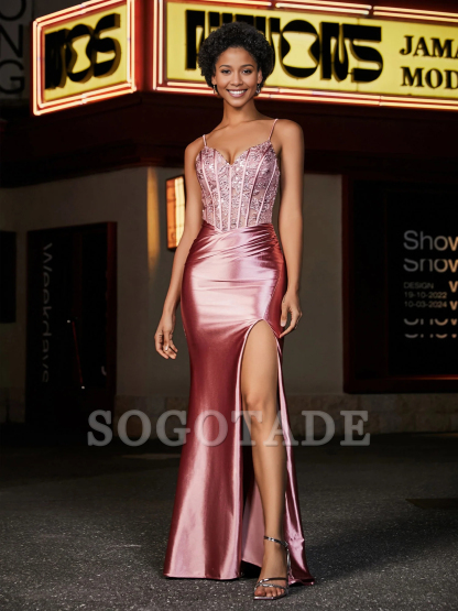 Tight corset lace back mermaid satin Prom dress