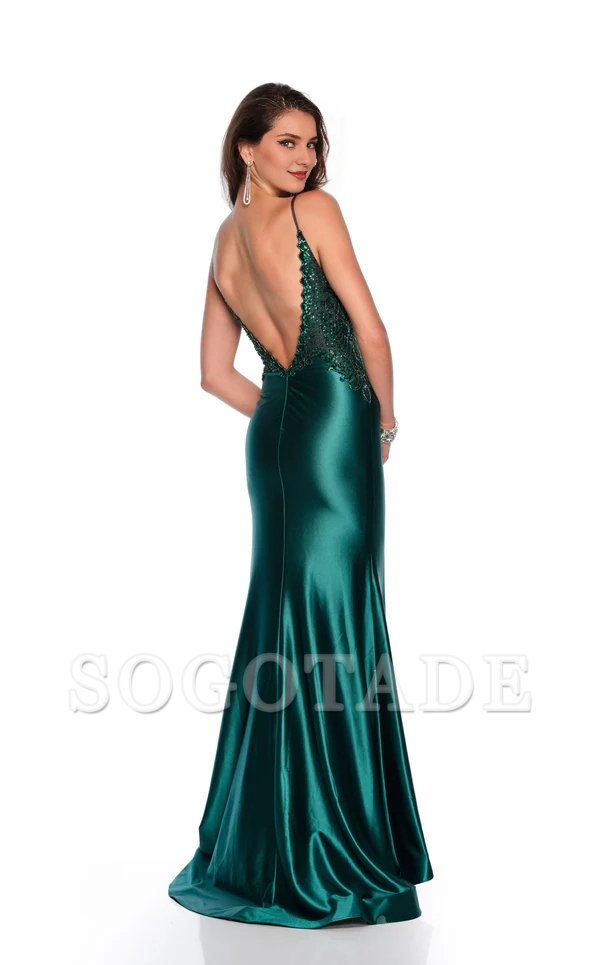 V-neck slim shoulder strap sequined backless beaded body Prom dress
