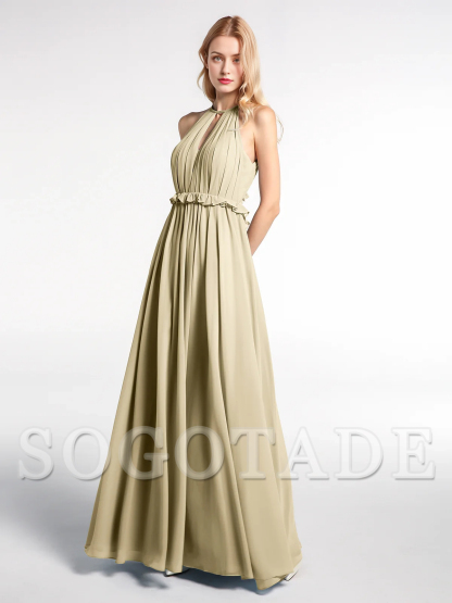 Keyhole collar backless chiffon long dress