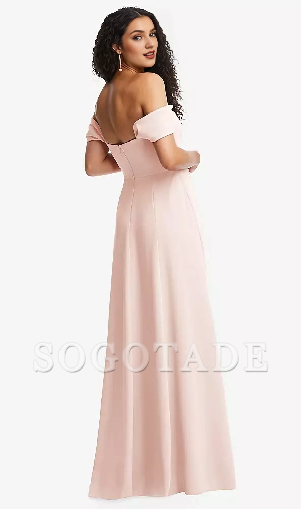 Off shoulder pleated sleeves with A-line extra long Prom dress