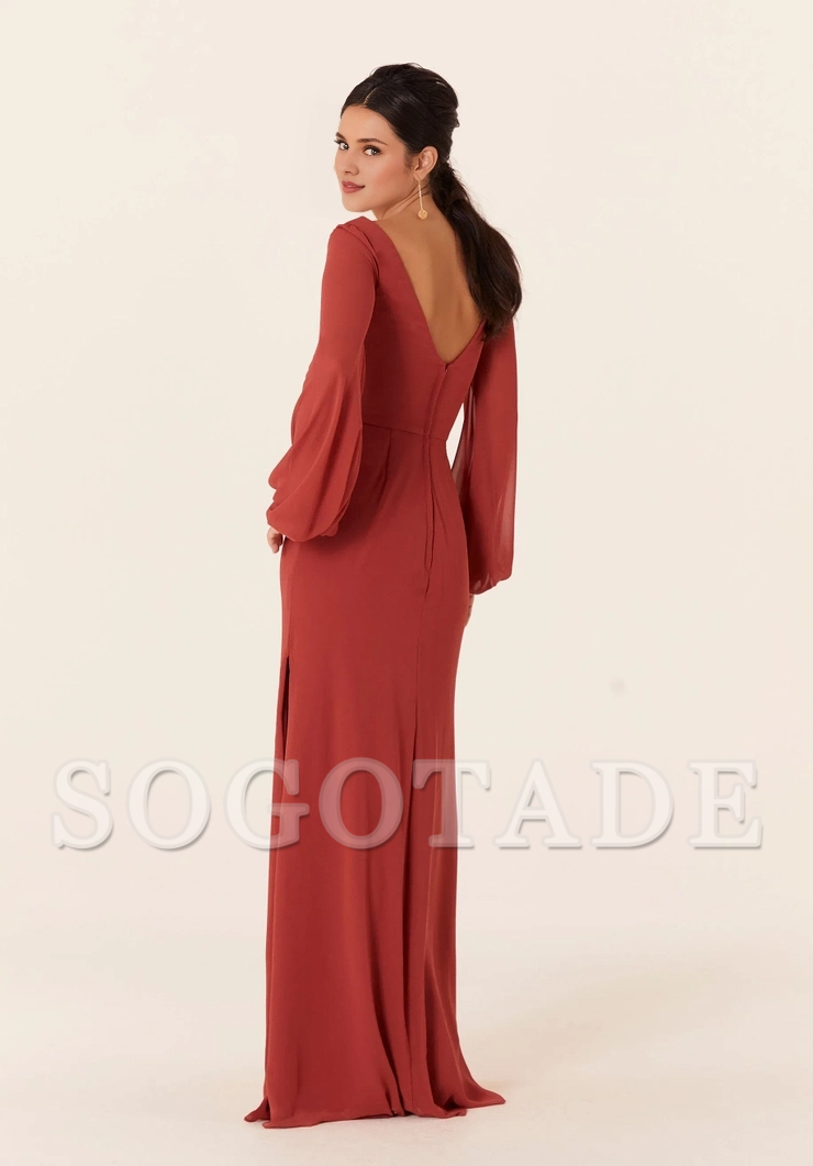 V-neck twisted tight corset bishop sleeve side skirt slit bridesmaid dress