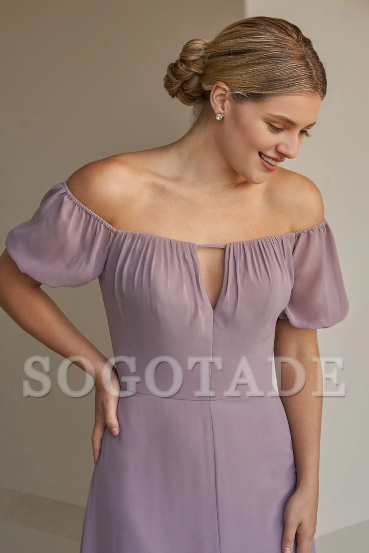 A-line thin shoulder strap off shoulder collar short bubble sleeves central slit bridesmaid dress