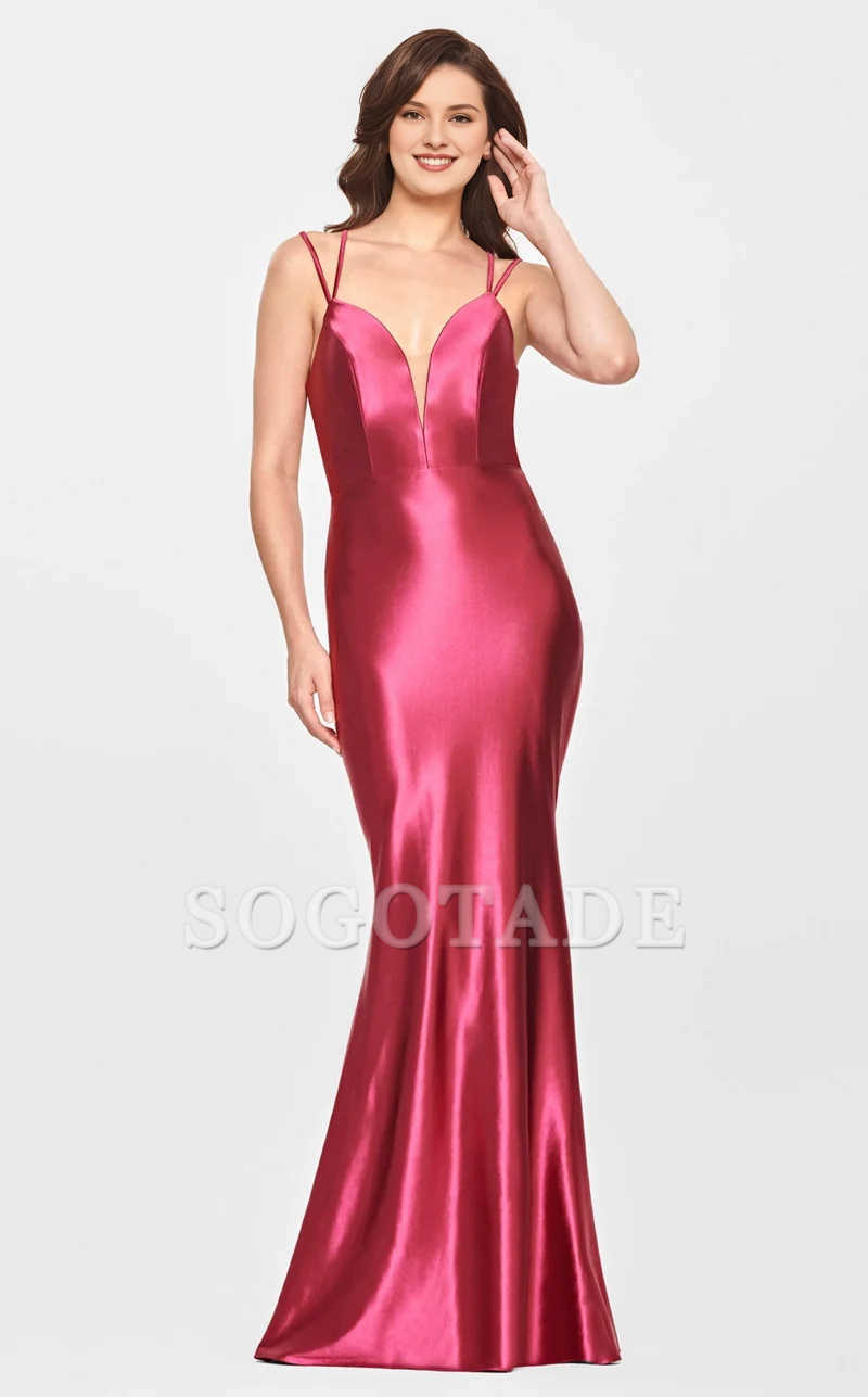 Mermaid deep V-neck satin thin shoulder strap and floor length evening dress