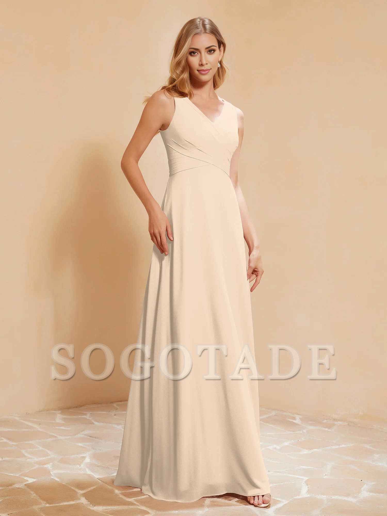 Bow pleated V-neck chiffon A-line dress