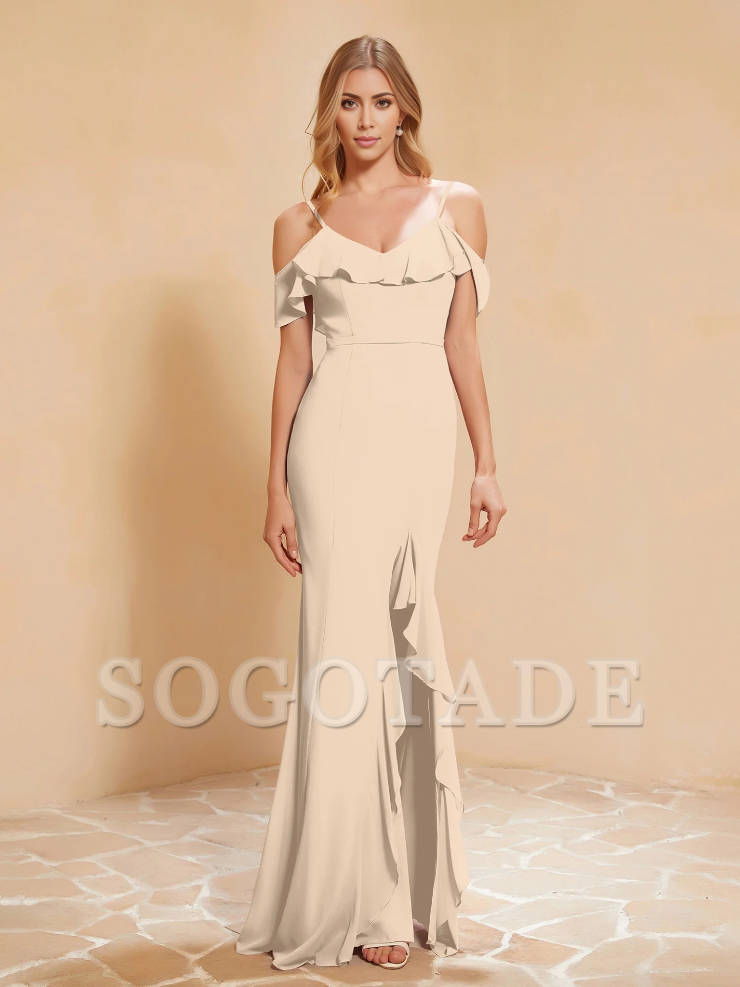 Ruffle V-neck floating sleeve fishtail chiffon dress