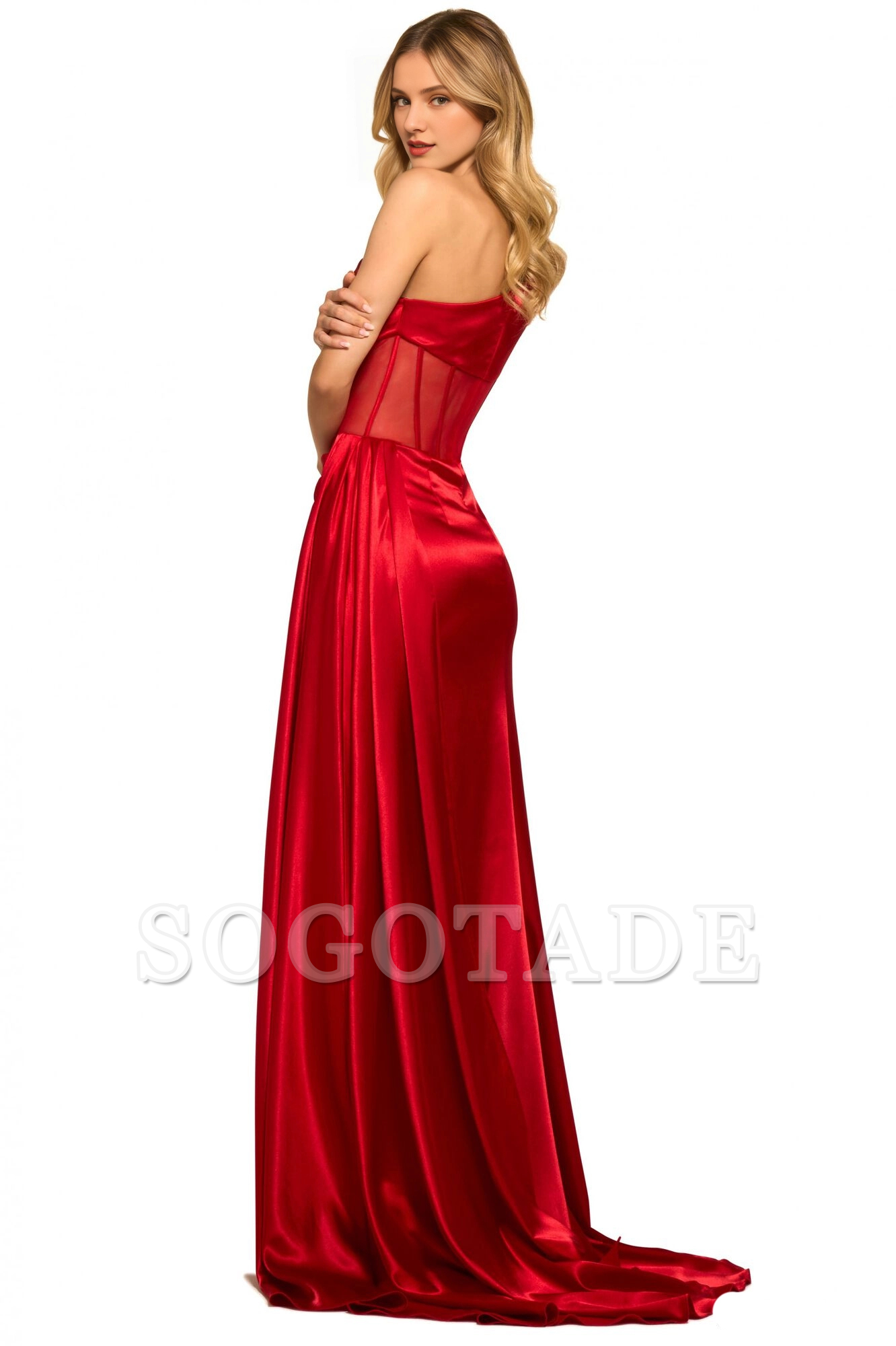 One shoulder plain knitted transparent tight corset with side slits and floor length Prom dress