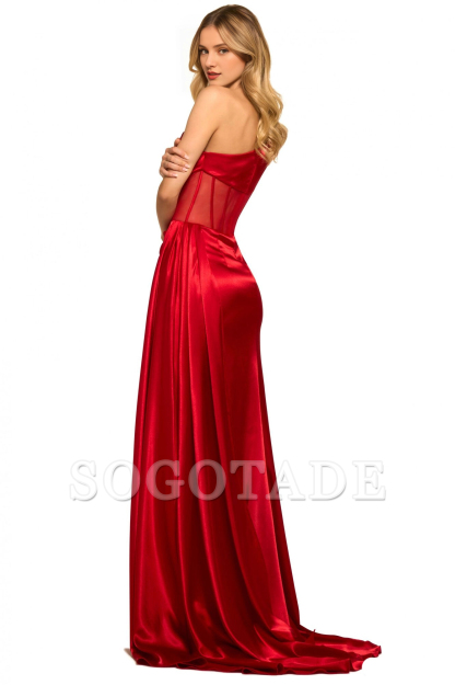One shoulder plain knitted transparent tight corset with side slits and floor length Prom dress
