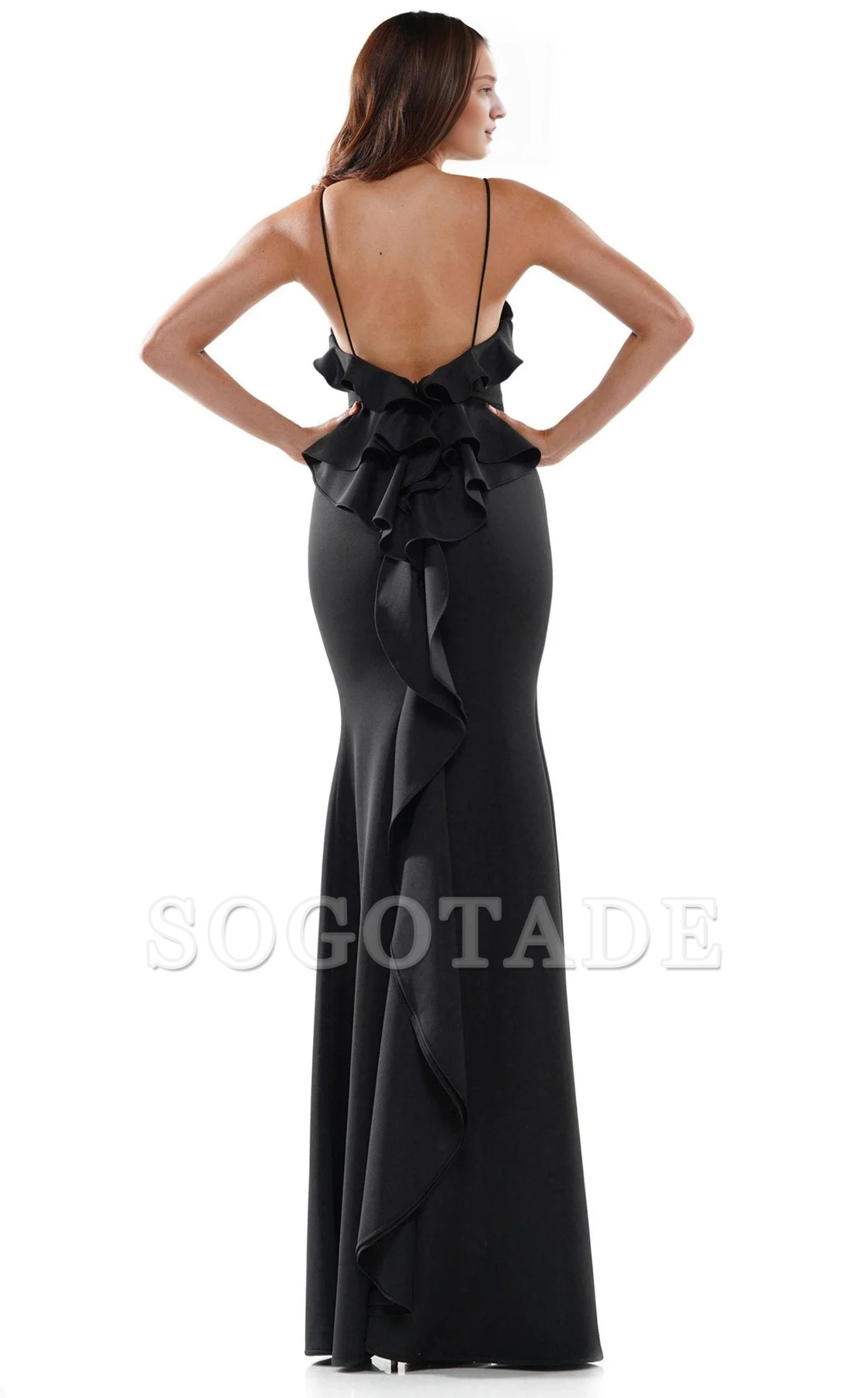 V-neck slim shoulder strap sleeveless tight corset with side slits and floor length evening gown