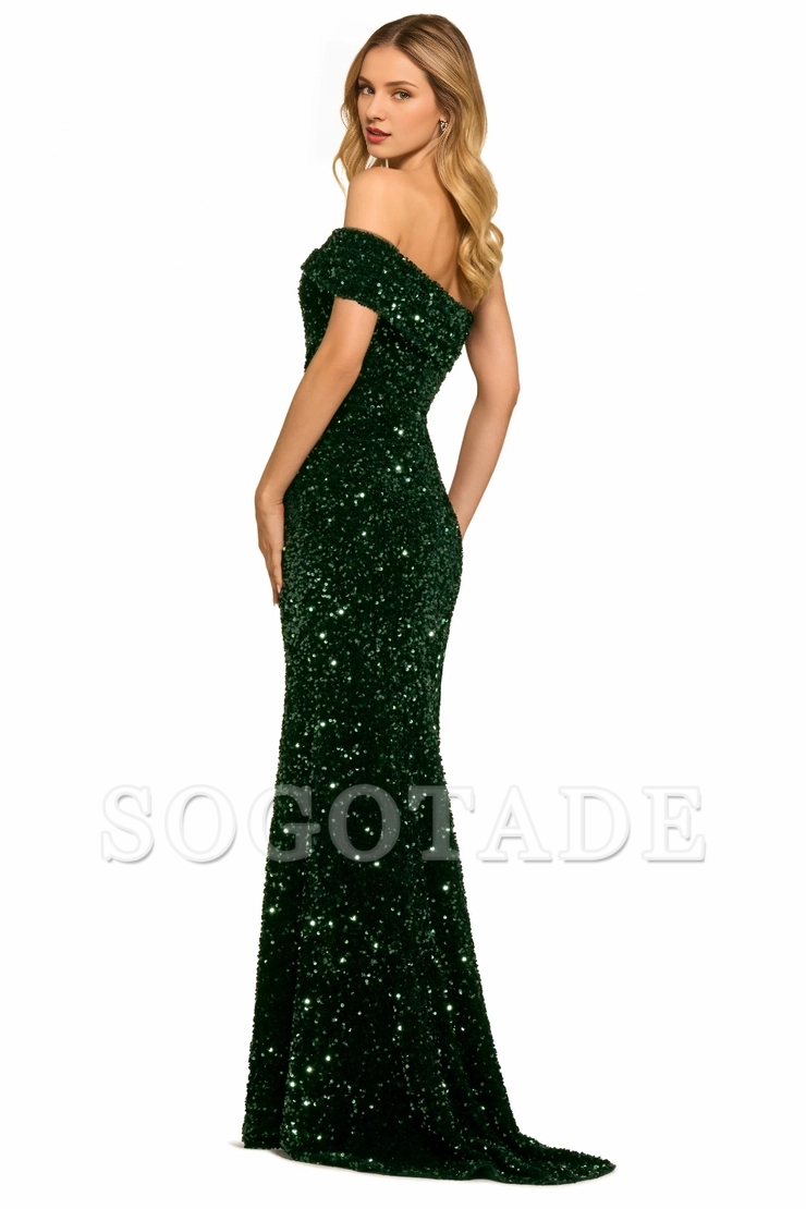One shoulder sequined side slit backless and floor length dress