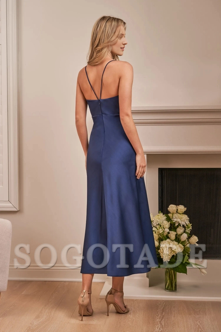 Crepe back slim fit trumpet shaped thin shoulder strap V-neck medium length bridesmaid dress