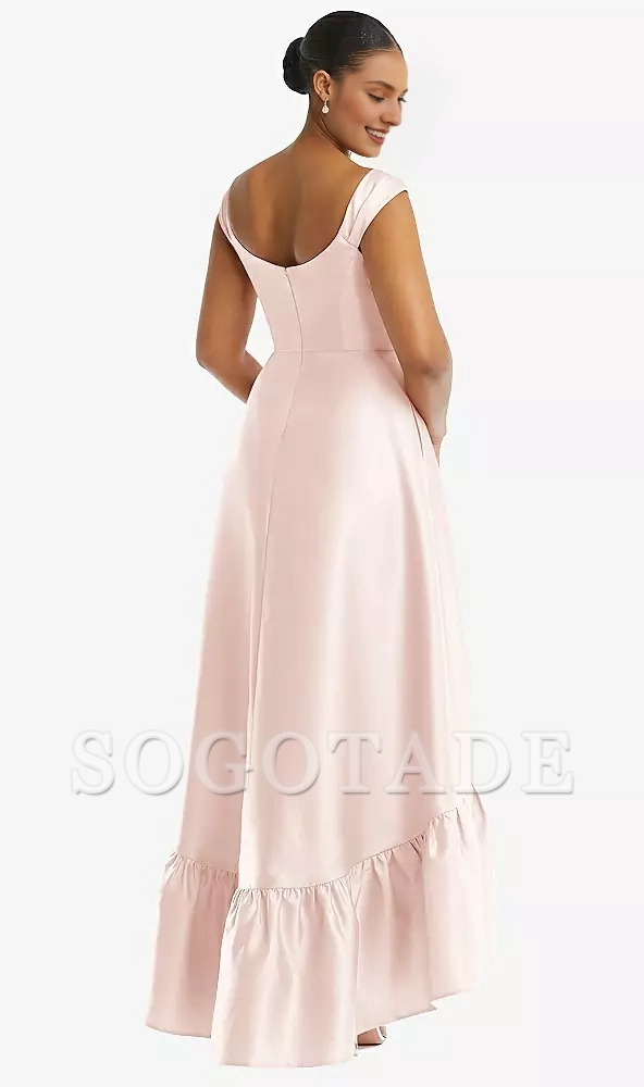 Pocket lid sleeves deep ruffle hem satin high and low hem Prom dress