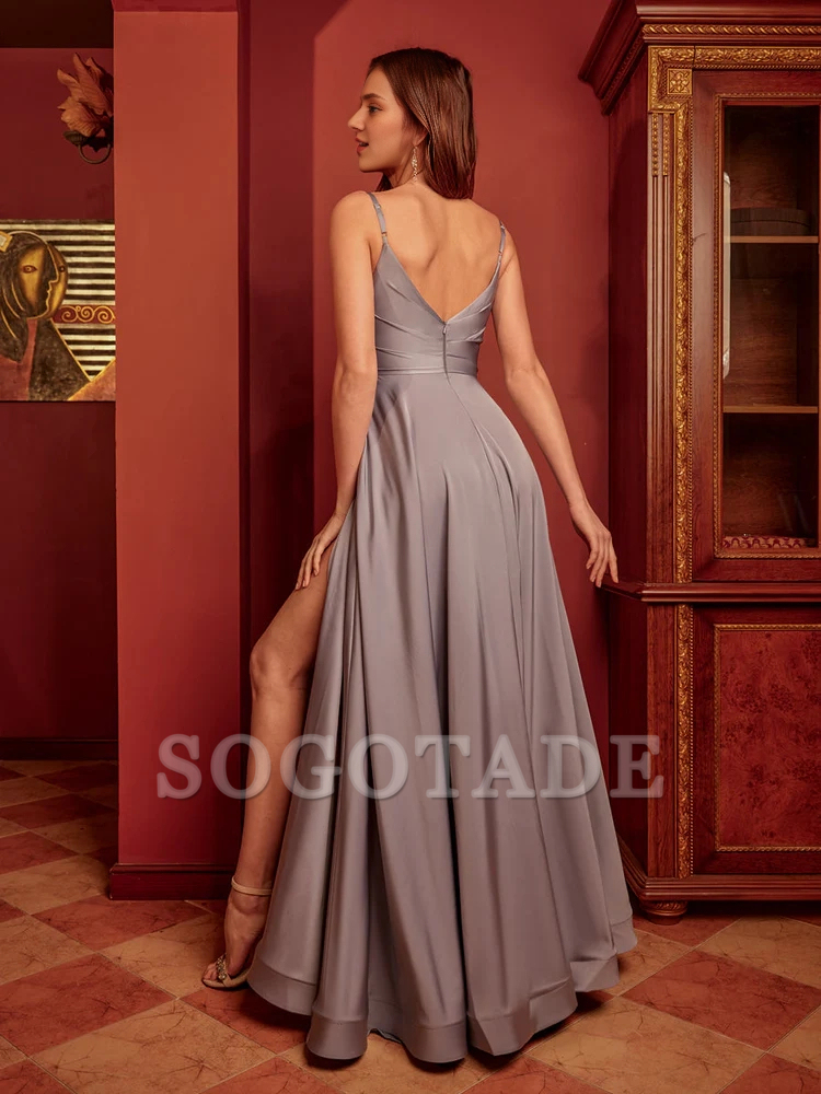 A-line princess slim shoulder strap slit long ball dress