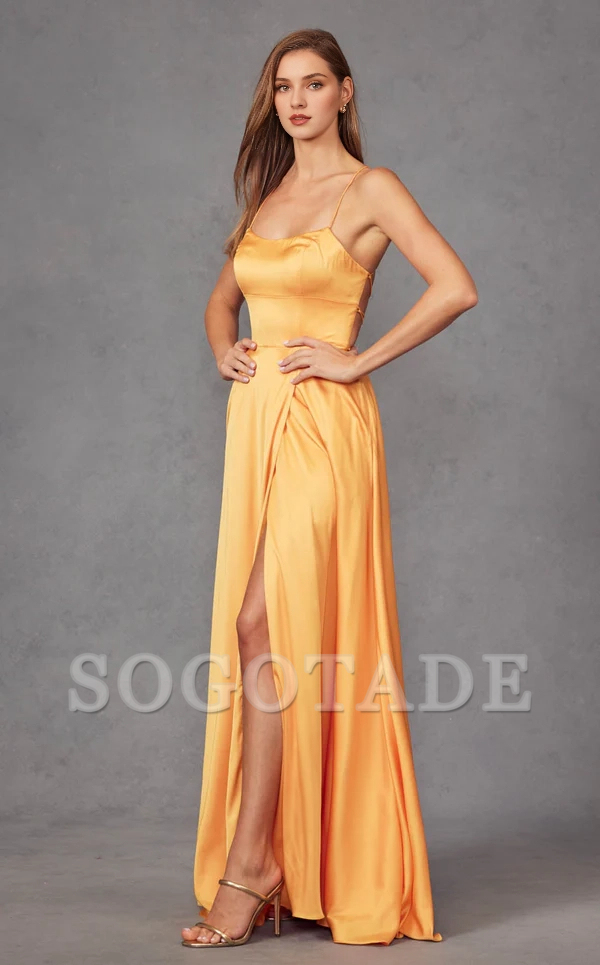 Thin shoulder strap satin backless slit and floor length Prom dress