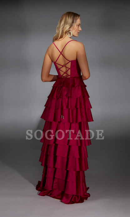 Satin chiffon evening gown high neck A-line back lace up slit tight corset long formal dress