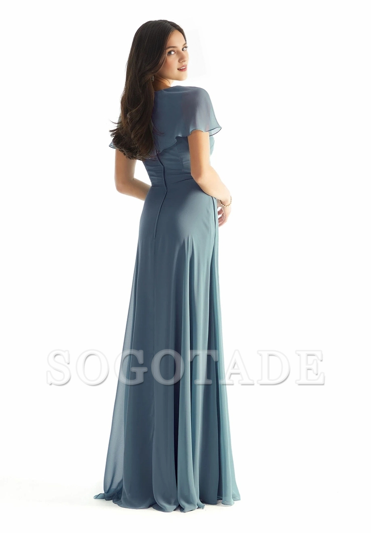 A-line off shoulder chiffon V-neck front skirt with slit and floor length dress
