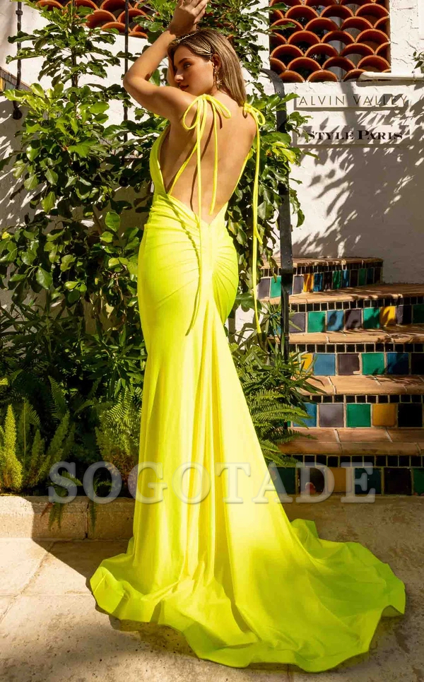 Mermaid deep V-neck slim shoulder strap with lace up backless and floor length Prom dress