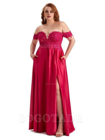 Off Shoulder Side Slit Lace Soft Satin Long Plus Size Bridesmaid Dresses For Wedding