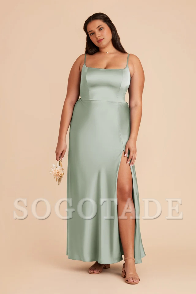A-line front slit spoon neck satin bridesmaid dress-SOGOTADE