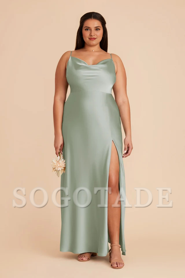 Fully lined pleated neckline with slit and floor length bridesmaid dress