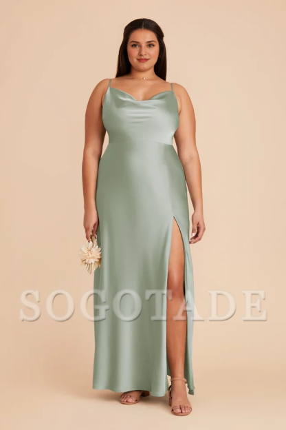 Fully lined pleated neckline with slit and floor length bridesmaid dress
