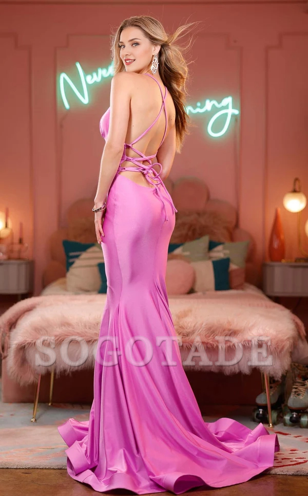Mermaid V-neck slim shoulder strap with exposed back strap and floor length Prom dress