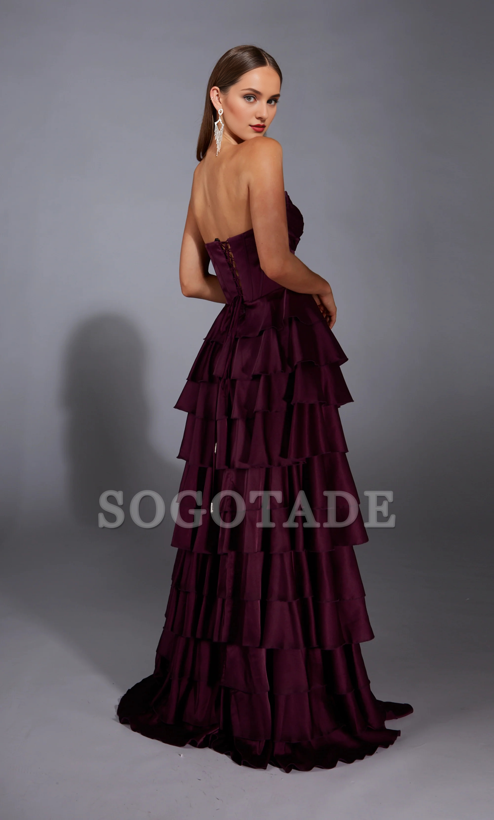 Satin chiffon deep V-neckline A-line evening gown with lace up tight corset slit long formal dress