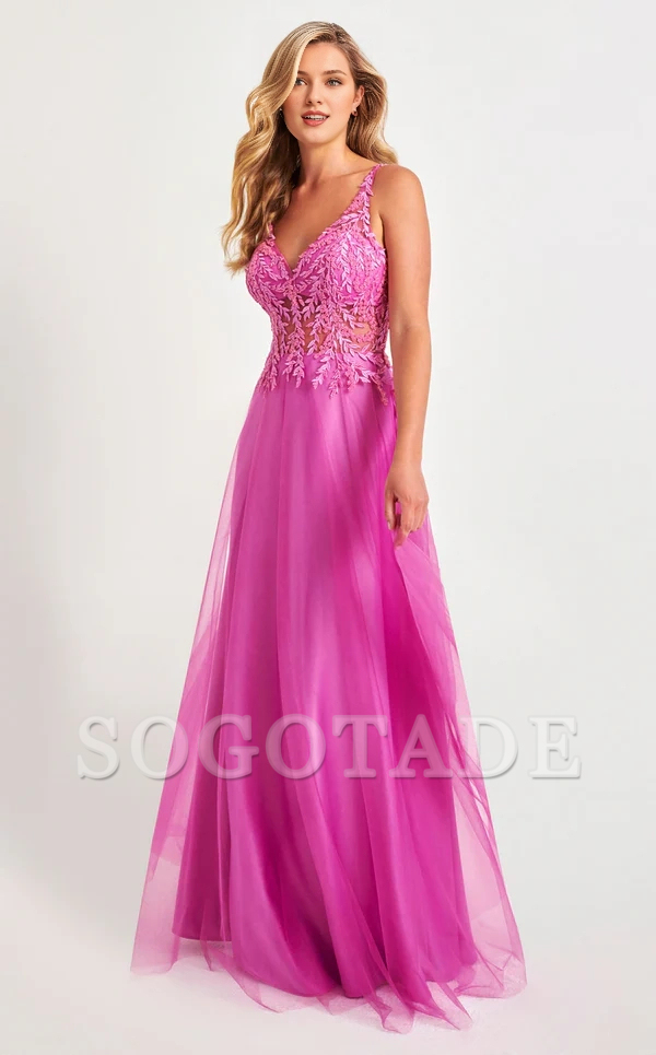 V-neck tight corset lace applique chiffon and floor length Prom dress