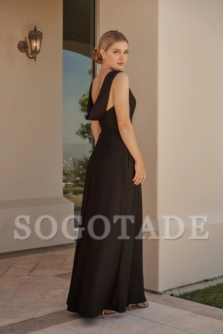 Crepe A-line lapel scarf backless thin shoulder strap bridesmaid dress