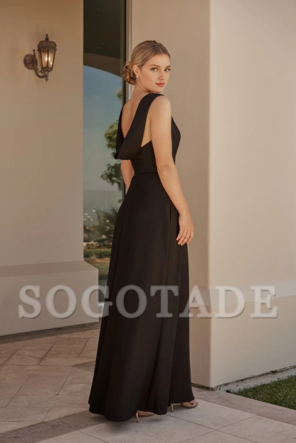 Crepe A-line lapel scarf backless thin shoulder strap bridesmaid dress