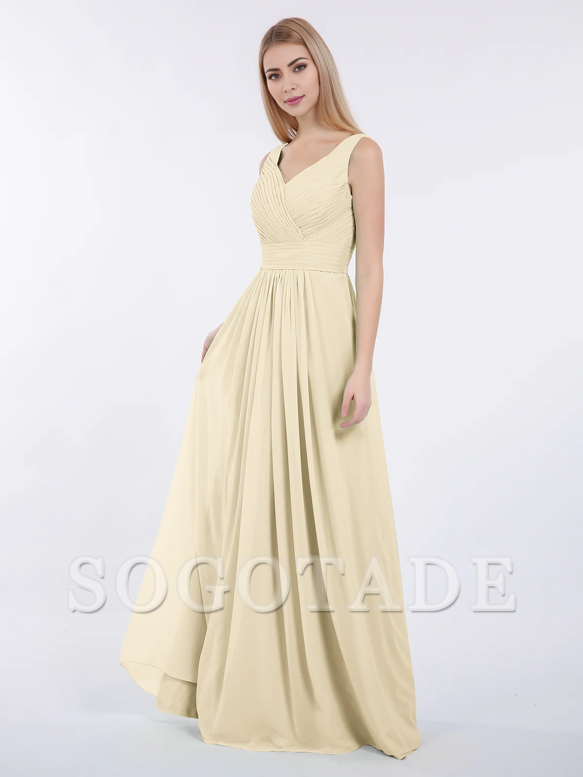 V-neck full-length chiffon pleated dress