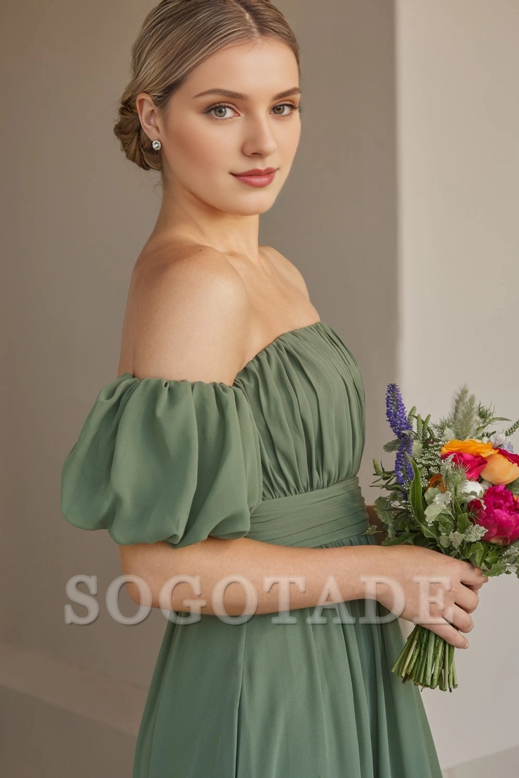 Off shoulder collar chiffon A-line detachable bubble sleeve bridesmaid dress