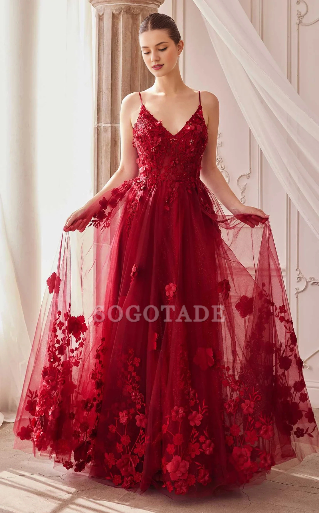 A-line 3D floral decal chiffon thin shoulder strap Prom dress-SOGOTADE