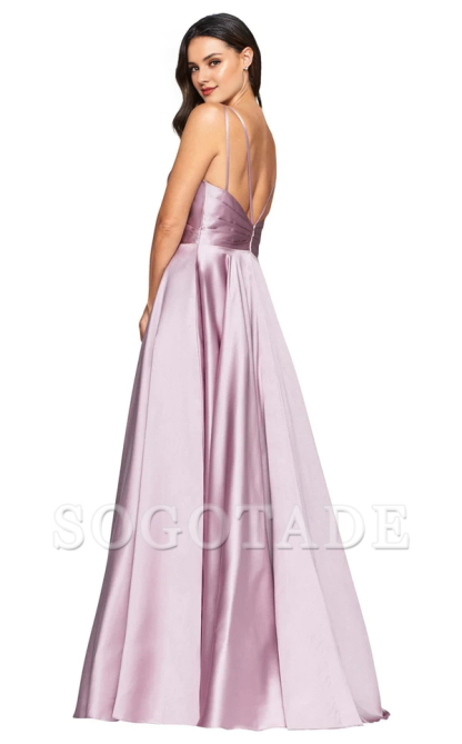 V-neck thin shoulder strap satin cross exposed back and floor length evening dress