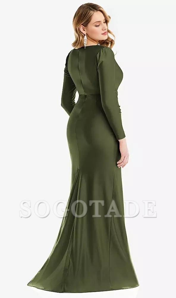 Long sleeved drape wrapped  satin fishtail Prom dress