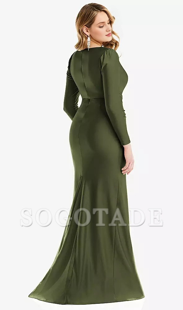 Long sleeved drape wrapped  satin fishtail Prom dress