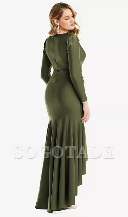 Long sleeved pleated wrap with ruffled edges high and low  satin Prom dress