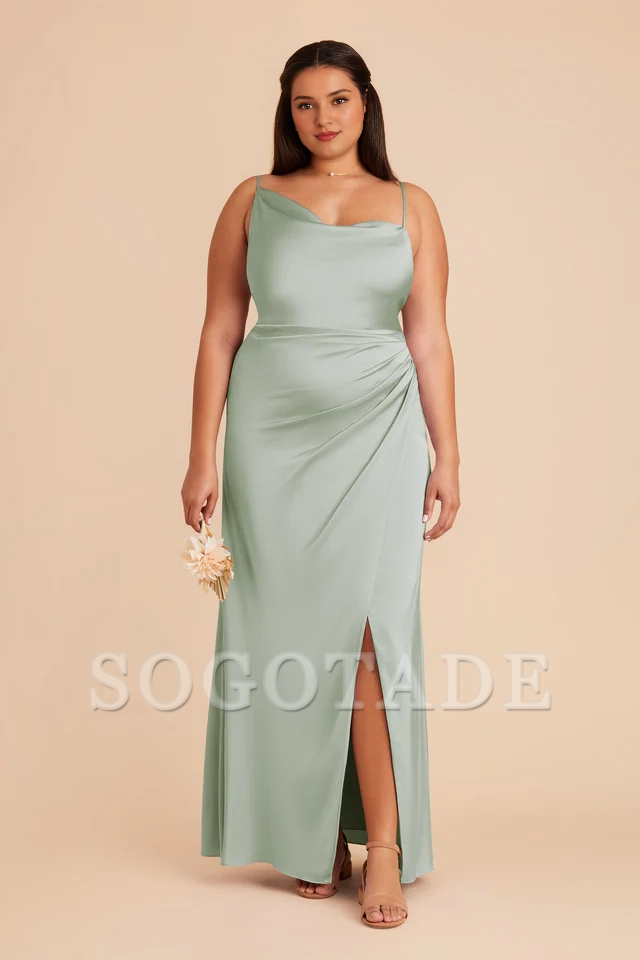 Asymmetric collar satin pillar wrapped slit bridesmaid dress